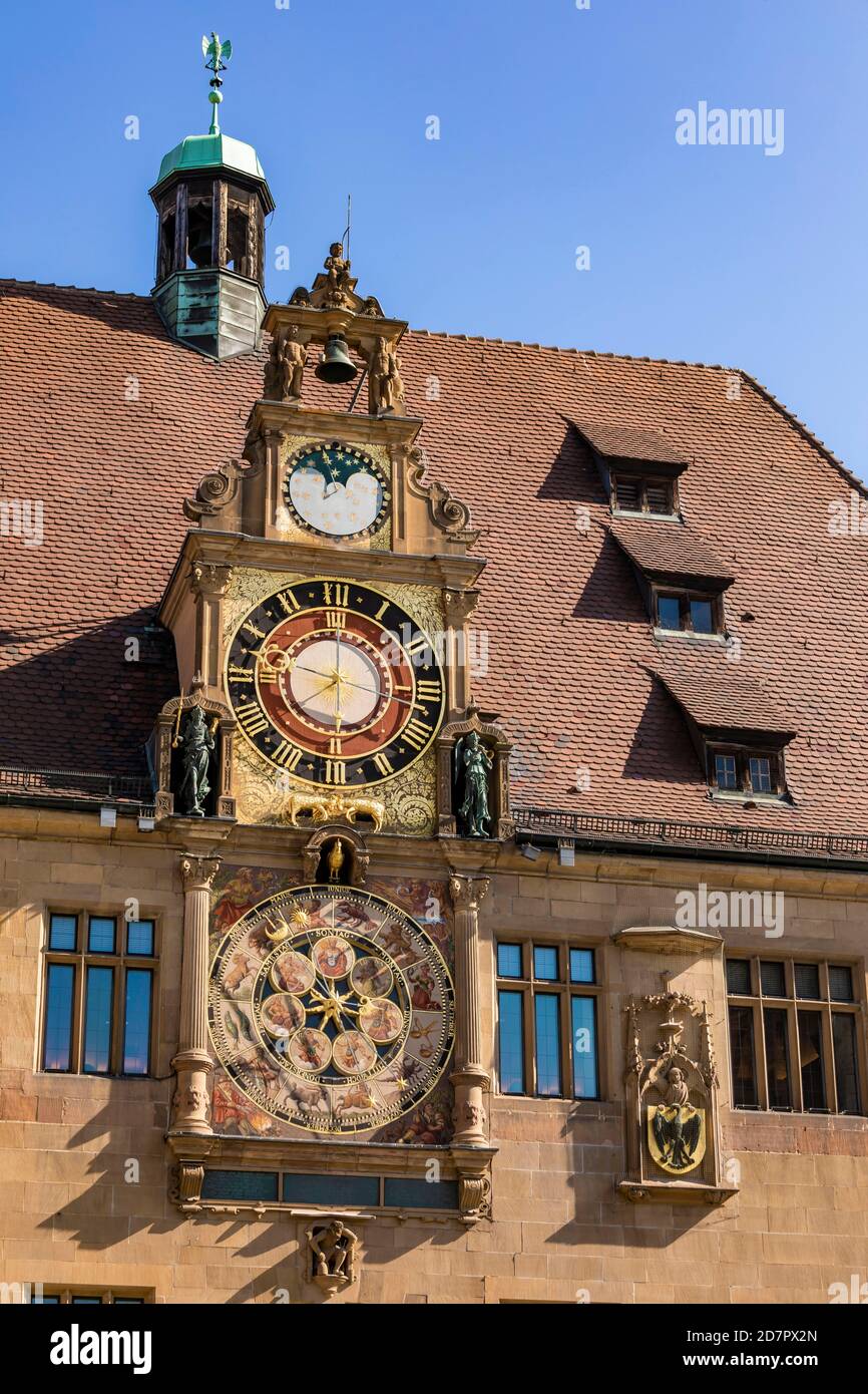Kunstuhr am historischen Rathaus, astronomische Uhr, Mondphasenuhr, Sternkreisuhr, Heilbronn, Baden-Württemberg, Deutschland Stockfoto