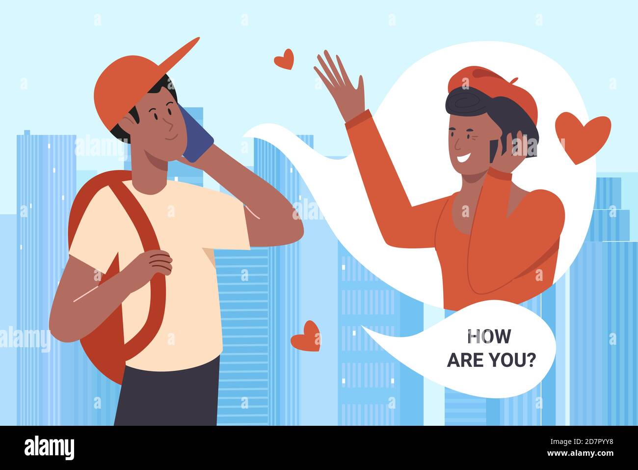 Vektordarstellung „Eltern anrufen“. Cartoon Student hält Telefon in der Hand für aus der Ferne glücklich Gespräch mit Mutter oder Großmutter, anrufen und lächeln, Remote-Kommunikationstechnologie Hintergrund Stock Vektor