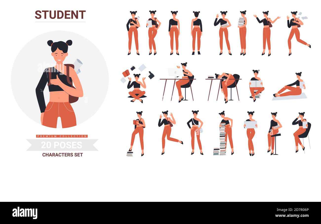 Student Mädchen Pose Infografik Vektor Illustration Set. Cartoon junge Frau in Freizeitkleidung mit Büchern zum Studium, weibliche Figur in Jeans studieren, Ruhe in verschiedenen Haltung isoliert auf weiß Stock Vektor