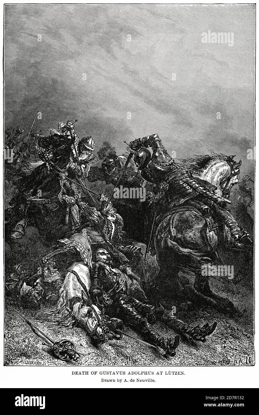 Tod von Gustavus Adolphus in Lutzen, gezeichnet von A. de Neuville, Illustration, Ridpath's History of the World, Band III, von John Clark Ridpath, LL. D., Merrill & Baker Publishers, New York, 1897 Stockfoto
