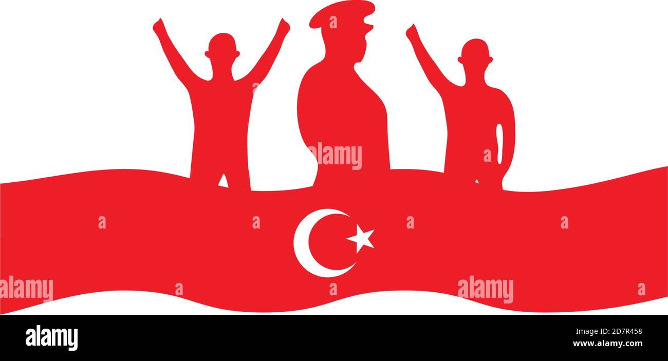 türkei-Flagge mit Soldaten Silhouetten auf weißem Hintergrund, flachen Stil, Vektor-Illustration Stock Vektor