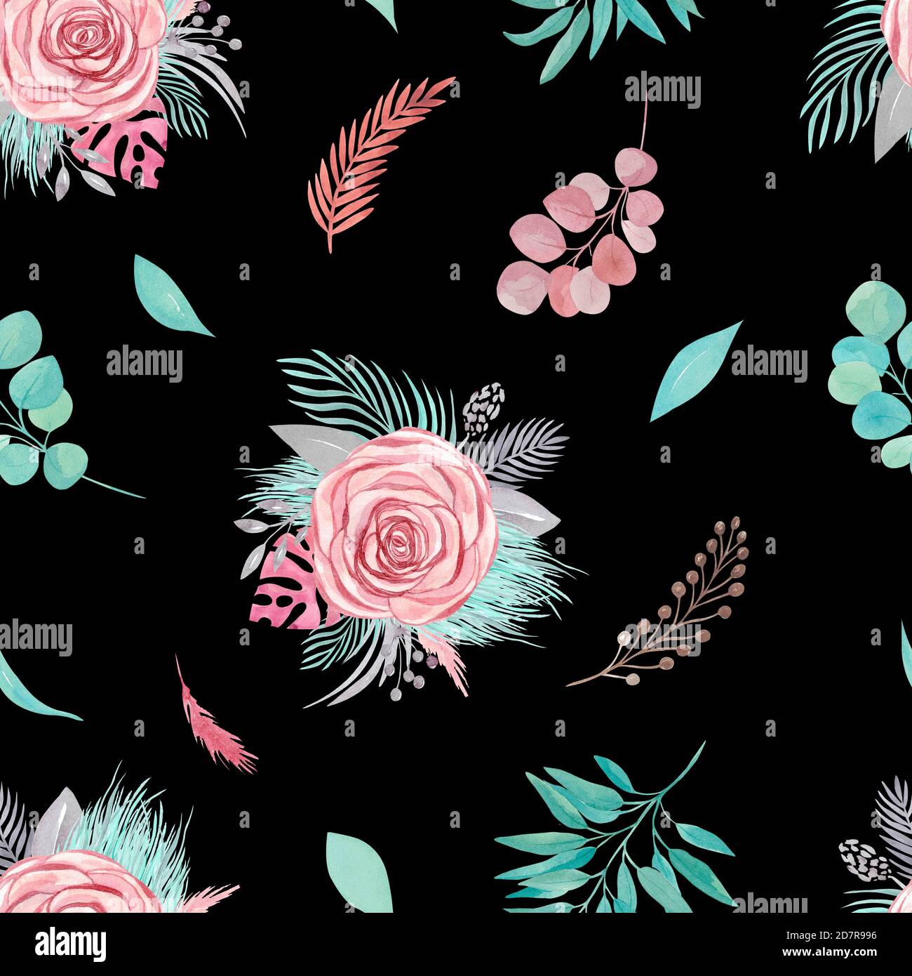 Nahtloses Blumenmuster. Tropische Palmenblätter, Pampasrose, Eukalyptuszweige, grün auf schwarzem Hintergrund Stockfoto