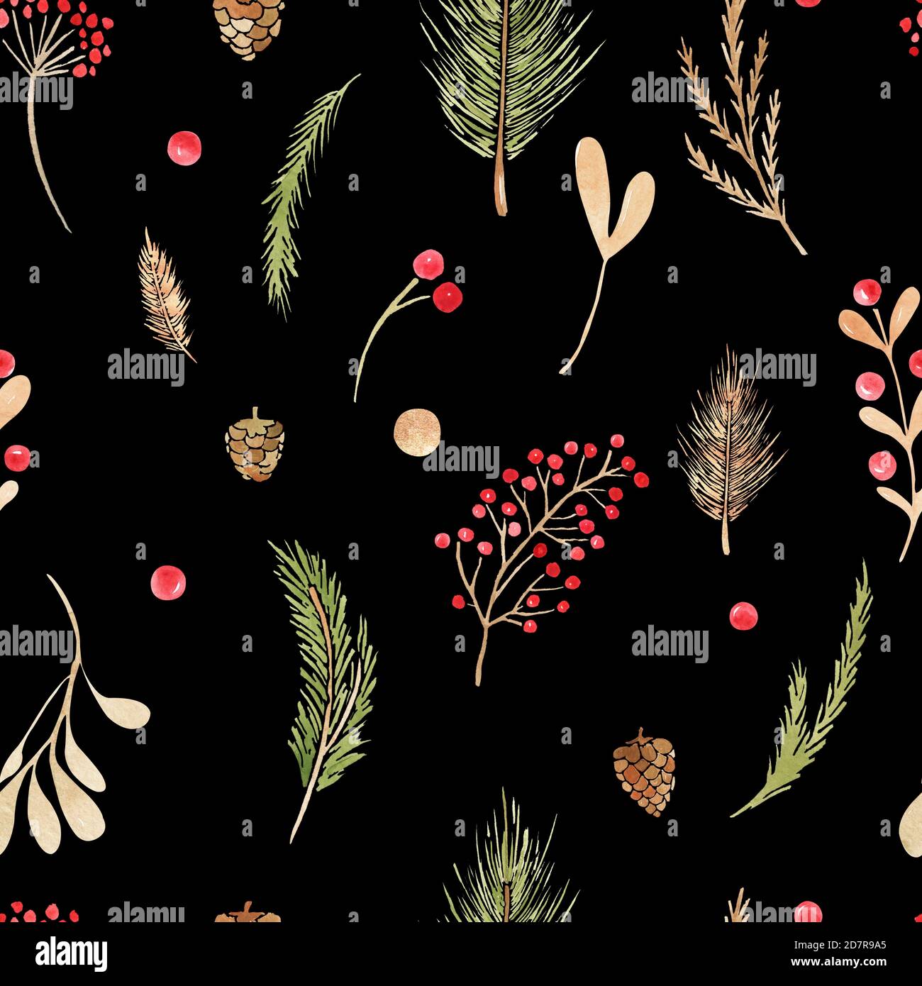 Nahtloses Muster Weihnachten Boho Elemente. Aquarell Winter Blumenset. Die Feiertagszweige, die Blätter, die Zapfen, die Beeren, die Nadelzweige, die Blätter auf dem Bla Stockfoto