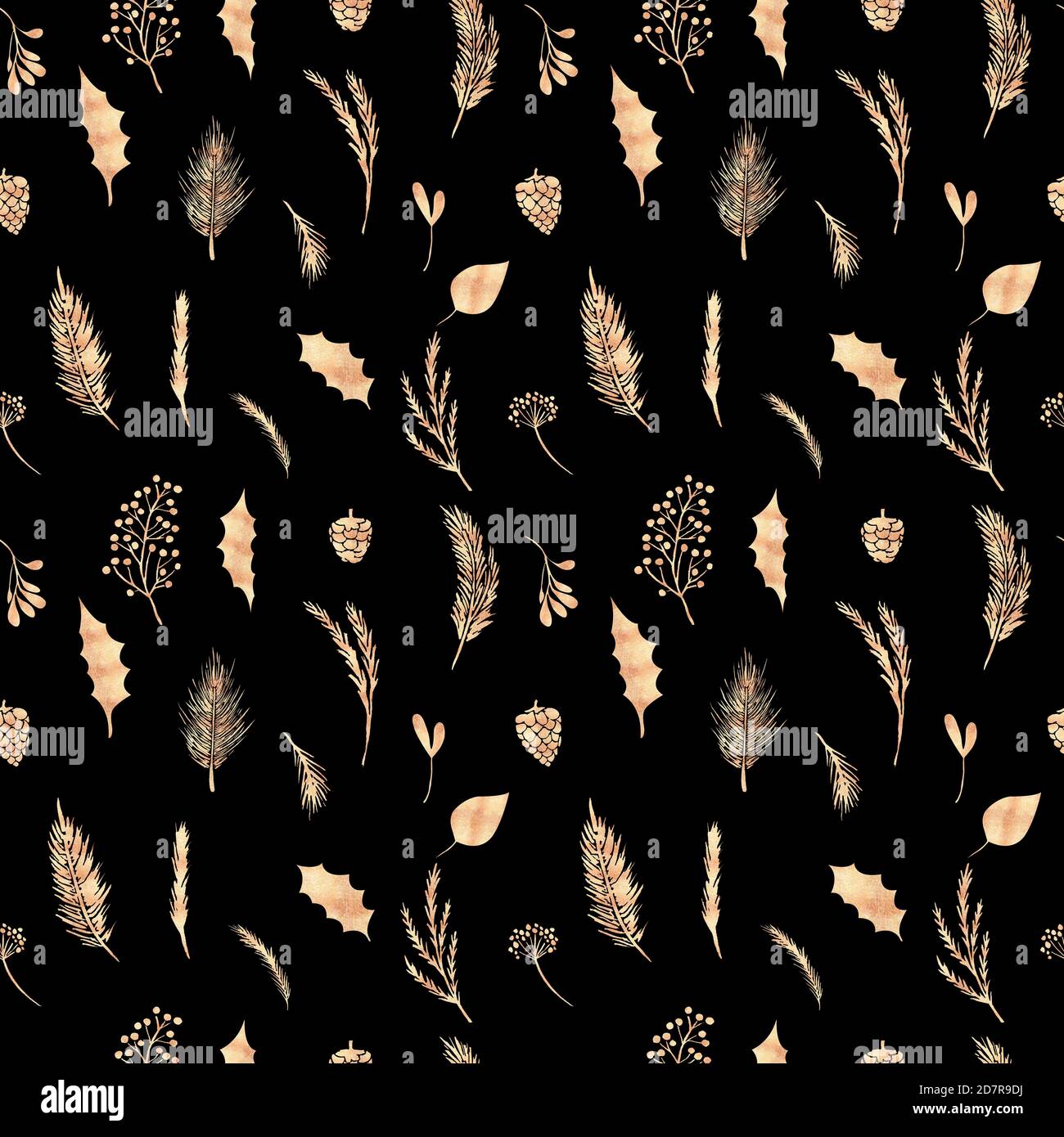 Nahtloses Muster Dekorative Weihnachten Golden florale Elemente auf schwarzem Hintergrund Winter dekorativen Hintergrund Stockfoto