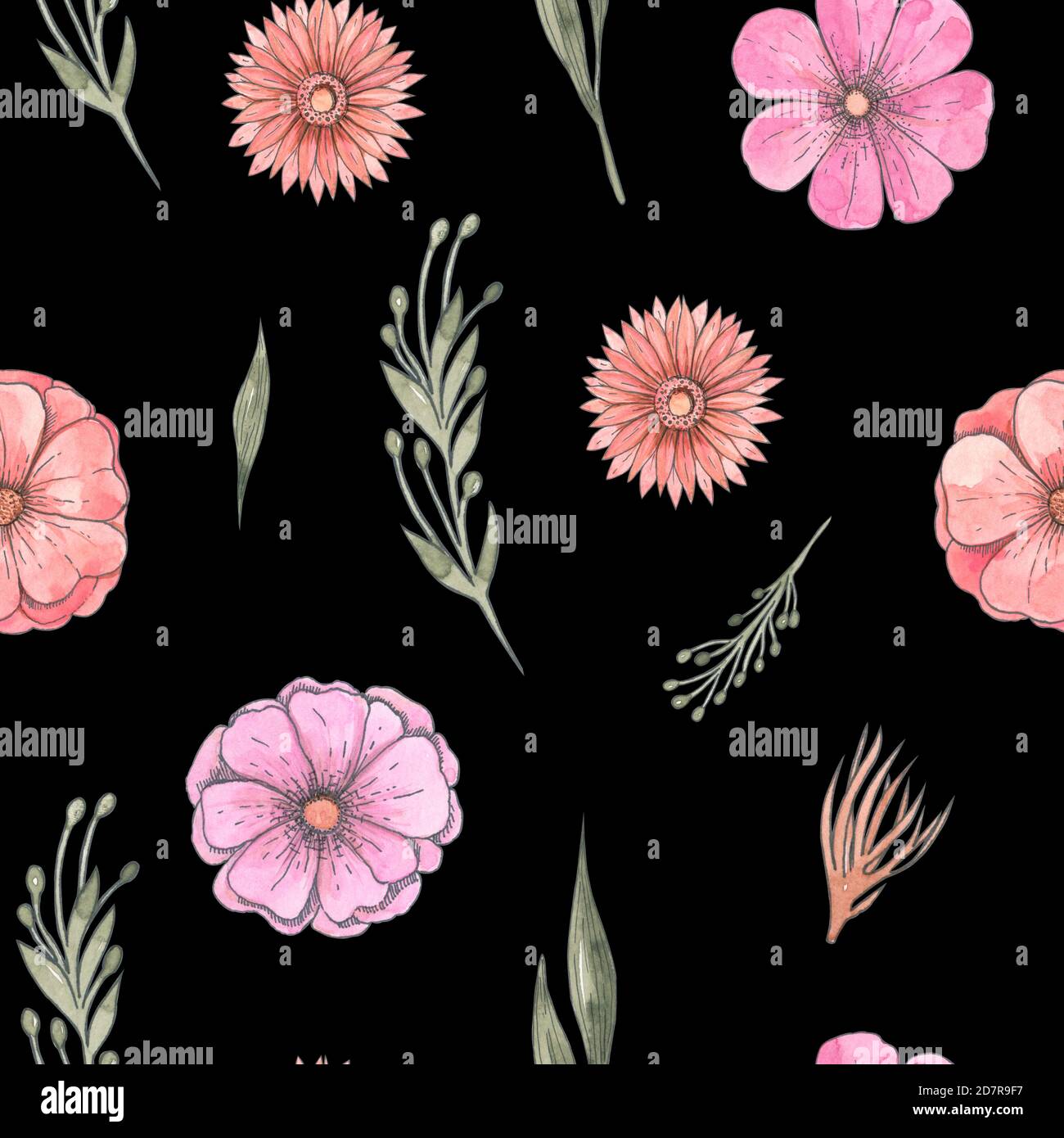 Nahtloses Muster aus Vintage floralen Elementen auf schwarzem Hintergrund. Niedliche rosa Blumen und Grün Stockfoto