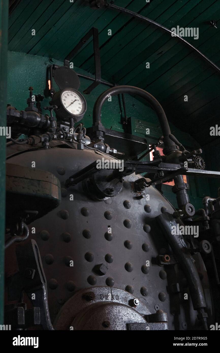 Dampflokomotive Steuerventile auf der B&O Railroad Museum, Baltimore, Maryland, USA. Stockfoto