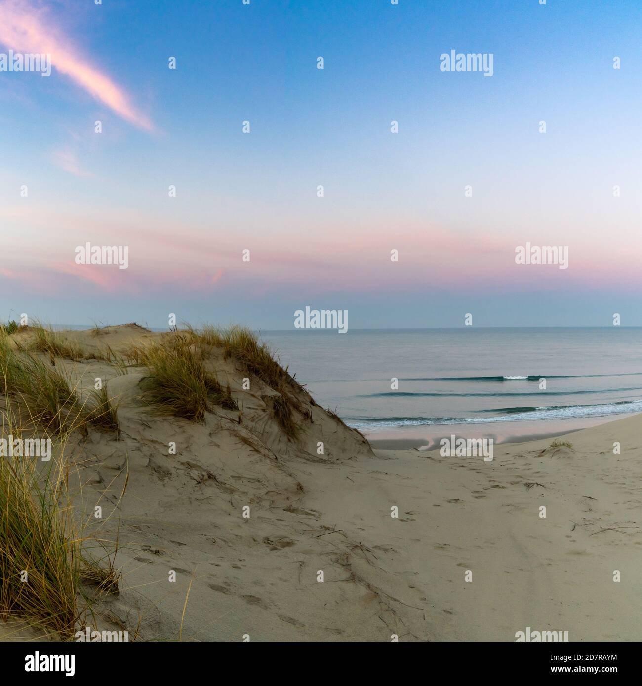 Eine wilde Küste und Meer mit großen Sanddünen an sonnenaufgang Stockfoto