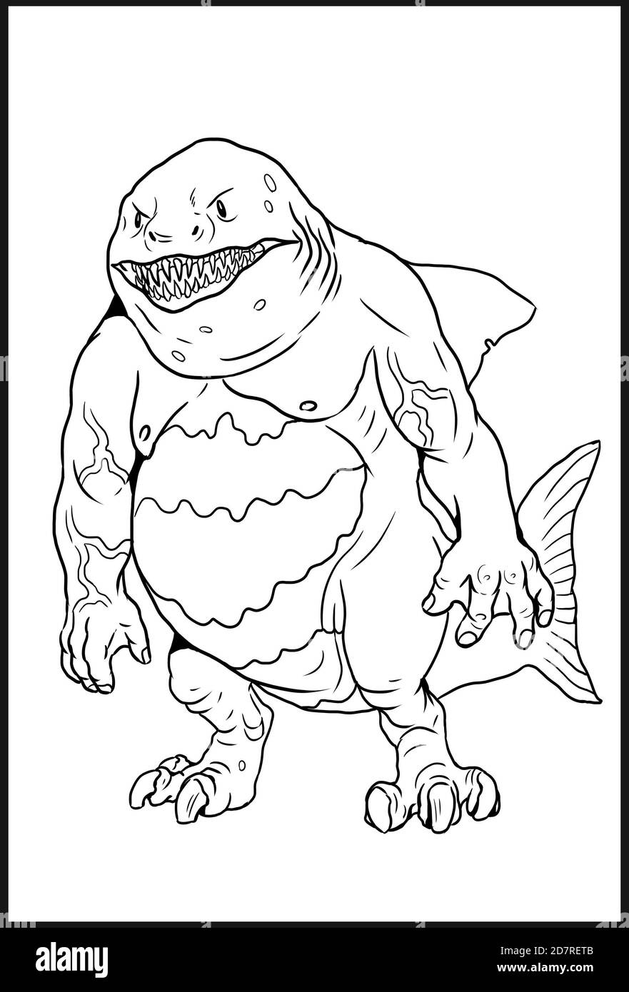 Fantasy Haifisch Mann Zeichnung. Monster Hai Färbung Vorlage. Stockfoto