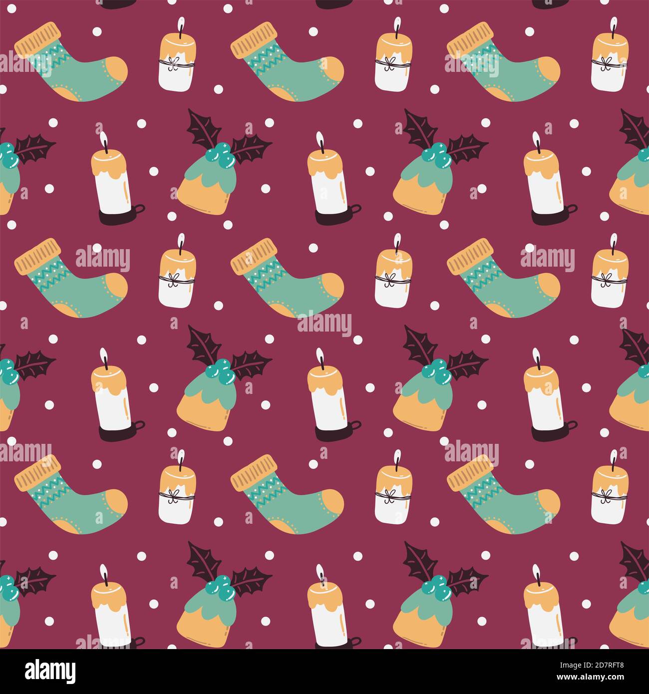 Winter Weihnachten Vektor nahtlose Muster mit Kerzen, festliche Muffins,  Socken und Schnee Punkte auf lila Hintergrund Stock-Vektorgrafik - Alamy