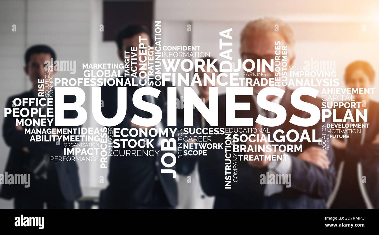 Business Commerce Finanz- und Marketingkonzept. Wörter Wolke von Schlüsselwörtern im Zusammenhang mit Finanzanalyse, Personalmanagement, Zielziel, Geschäft Stockfoto