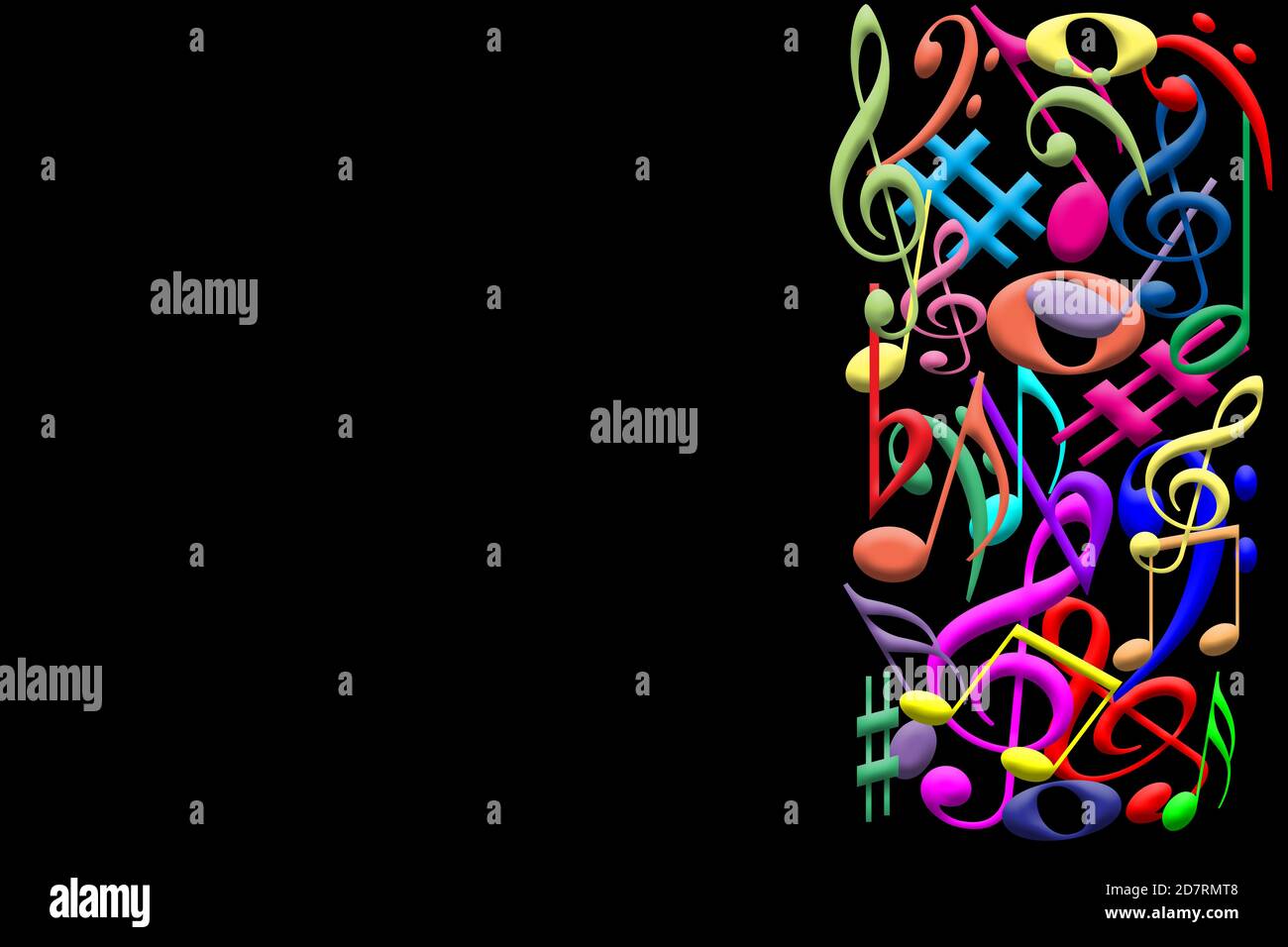 Eine bunte Illustration von mehrfarbigen überlappenden Noten isoliert gegen Schwarzer Hintergrund Stockfoto