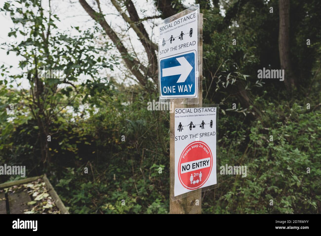 Mehrere behelfsmäßige Covid-19 Warnschilder für Besucher eines Naturschutzgebietes. Warnung vor sozialer Distanz während der Fahrt im Park. Stockfoto