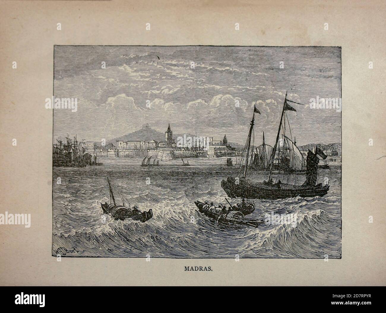 Schiffe im Hafen von Madras (heute Chennai) ist die Hauptstadt des indischen Staates Tamil Nadu. Vom Handelsschiff: Ein Seemann Jungen Reisen, um die Welt zu sehen [um die Welt] von Nordhoff, Charles, 1830-1901 graviert von C. Laplante; einige Illustrationen von W.L. Wyllie Verlag New York : Dodd, Mead & Co. 1884 Stockfoto
