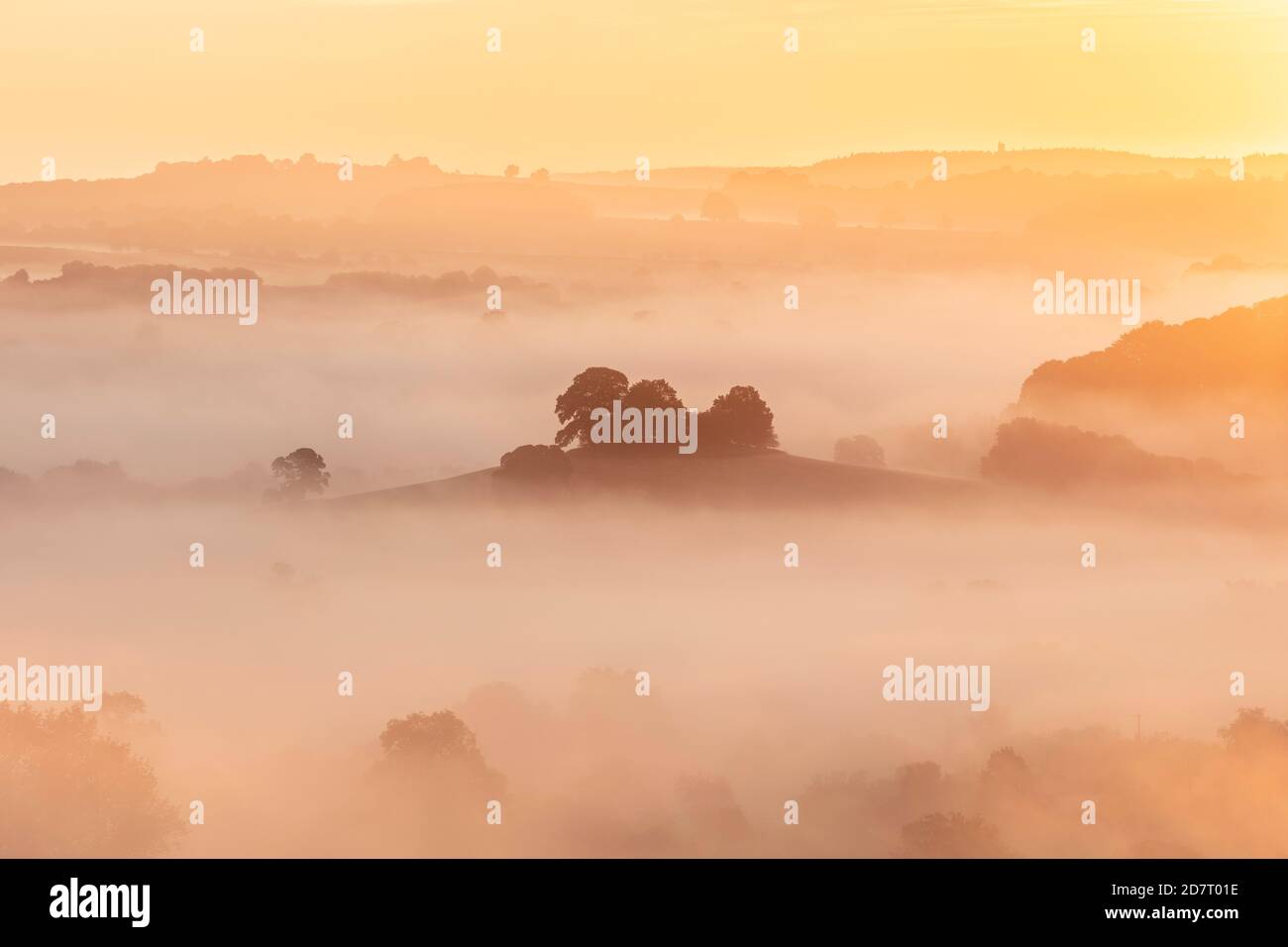 Sonnenaufgang über dem Blackmore Vale von Cadbury Castle, South Cadbury, Somerset, England, Großbritannien Stockfoto