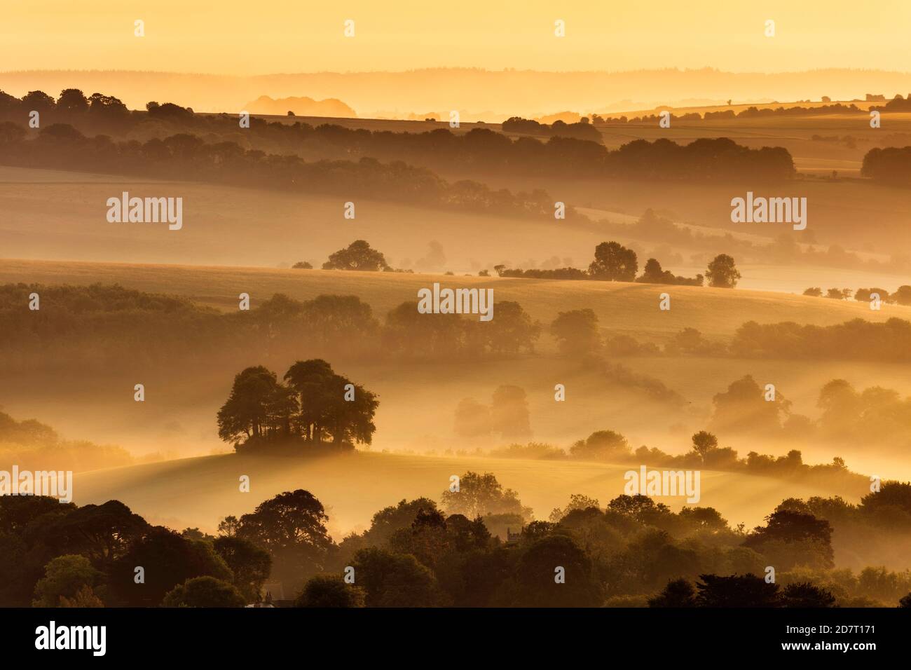 Sonnenaufgang über der Cranborne Chase von Win Green Hill, Dorset, England, Großbritannien Stockfoto