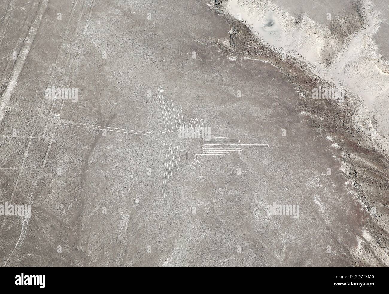 Luftaufnahme der Nazca-Geoglyphe der Kolibri. Nazca, Peru. Stockfoto