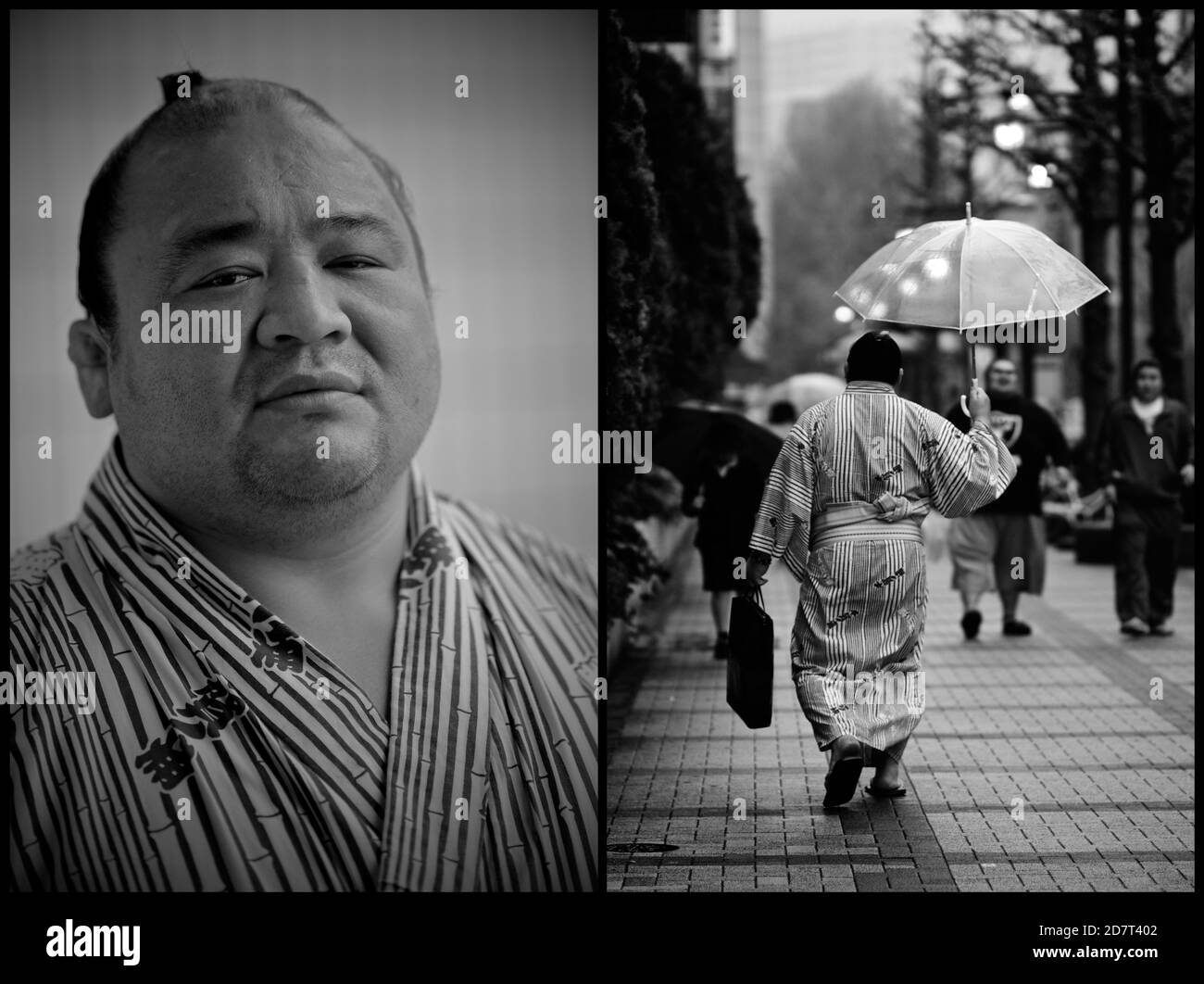 Sumotori in Yukata gekleidet im Ryogoku Kokugikan Sumo Stadion, Ryogoku, ward, Tokyo, Japan 2012 Stockfoto