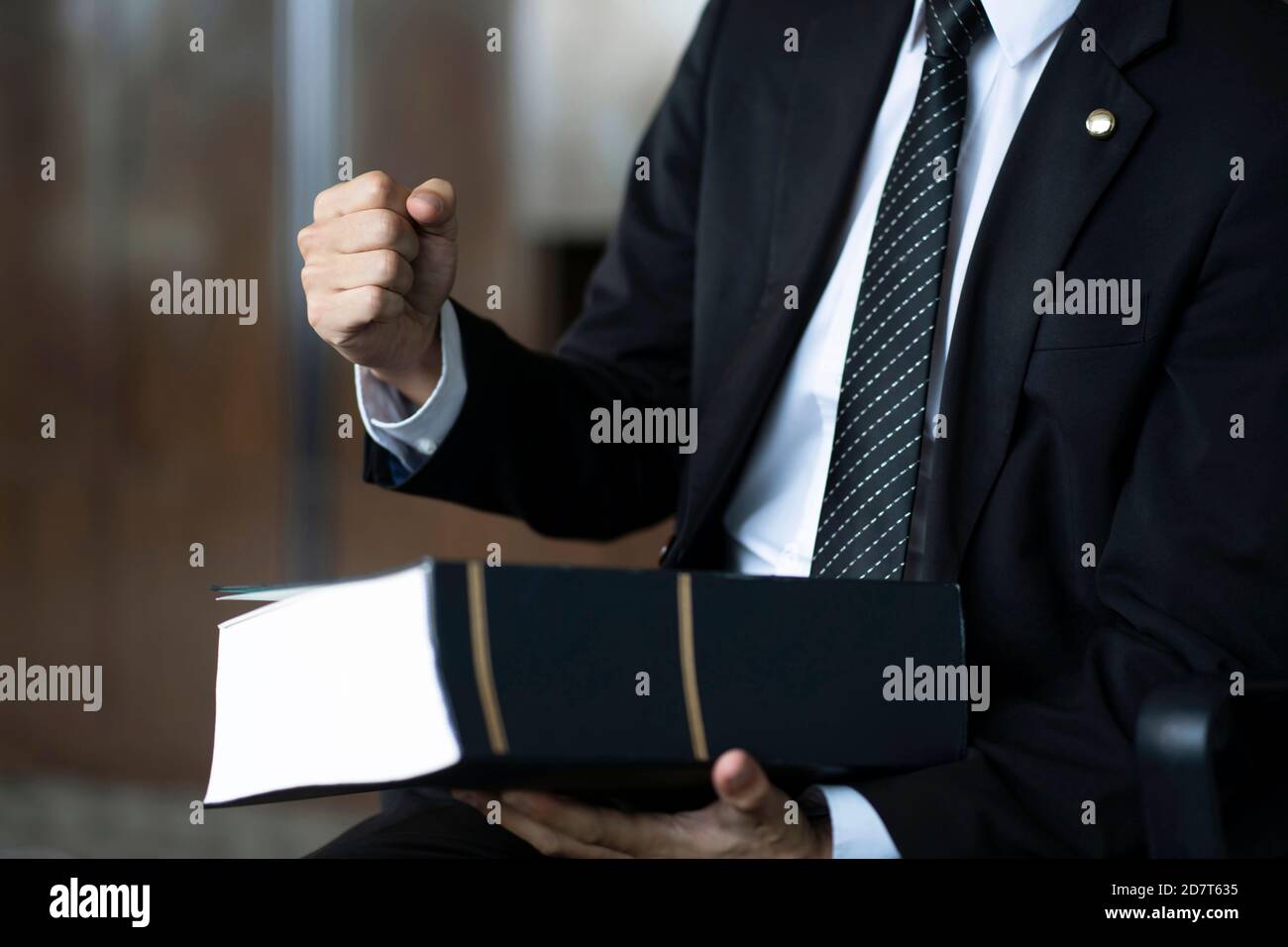 Anwalt hält Faust mit Gesetz Buch Stockfoto