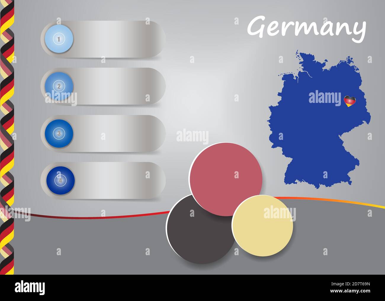 Deutschland Vorlage Vektor zeigt blinde Karte von Deutschland mit vier leeren Etiketten und drei Kreisen bereit für Ihren Text. Stock Vektor