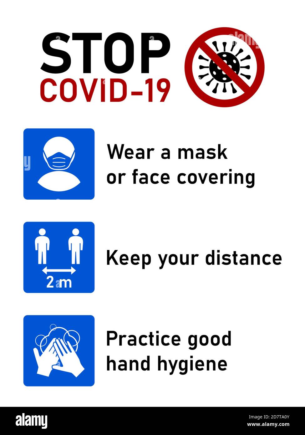 Stop Covid-19 Coronavirus Regelsatz einschließlich Tragen Sie eine Maske oder Gesichtsbedeckung, halten Sie Ihren Abstand 2 Meter und üben gute Handhygiene. Vektorbild. Stock Vektor