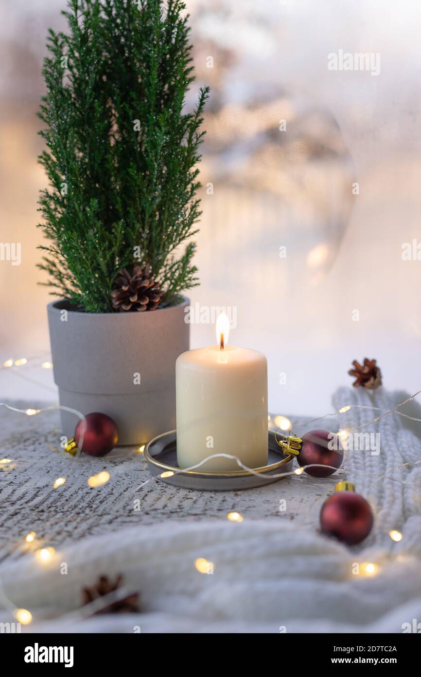 Stillleben mit brennender Kerze, Topfbaum und Weihnachtsdekor gegen Winterfenster. Stockfoto Stillleben mit brennender Kerze, Topfbaum und Weihnachtsdekor gegen Winterfenster. Stockfoto