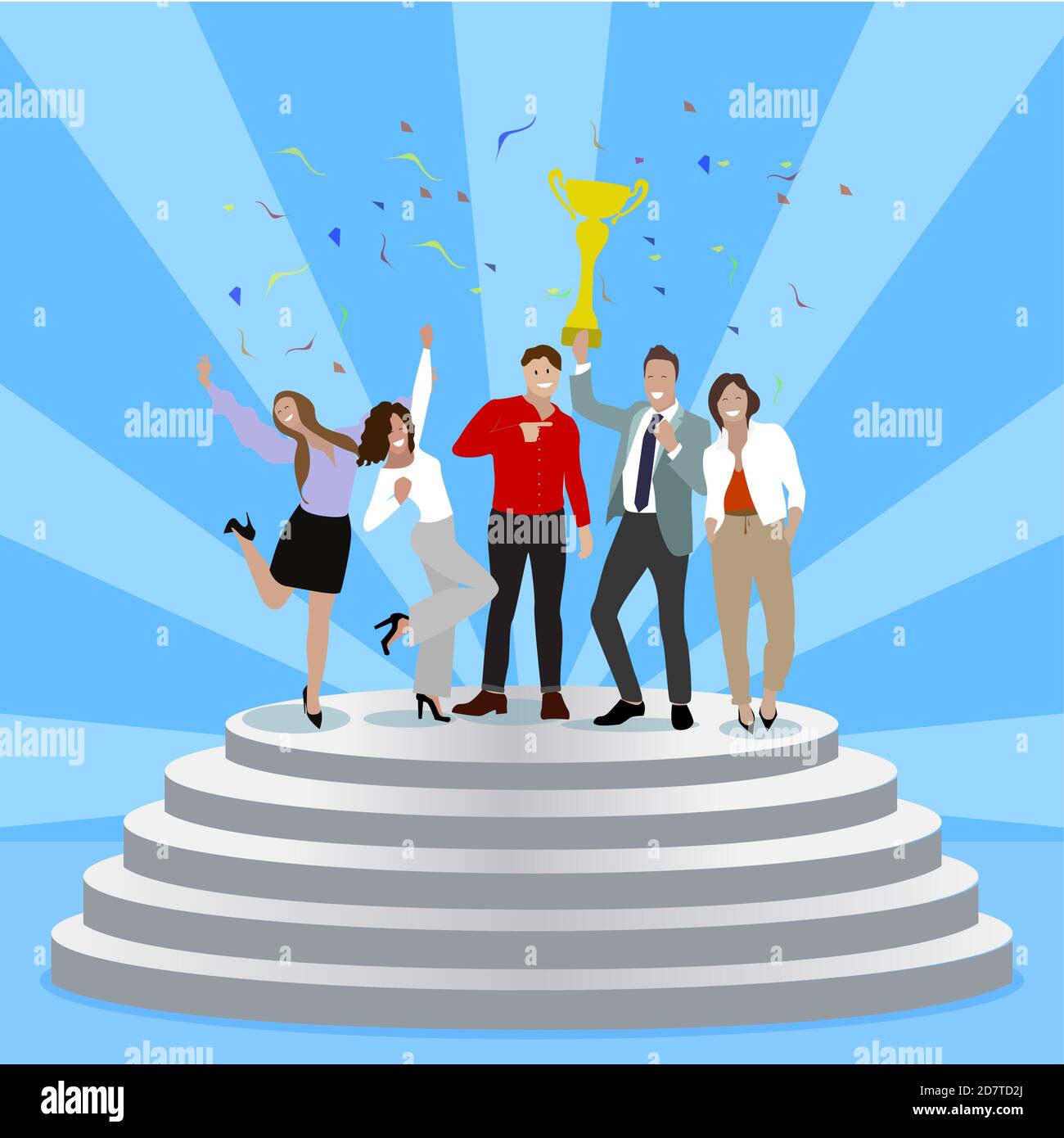 Erfolgreiches Geschäftsteam, das sich auf dem Podest bewährt. Gruppe von glücklichen Partnern feiern Sieg. Vektor-Startup-Erfolg, Illustration beste Belohnung, PR Stock Vektor