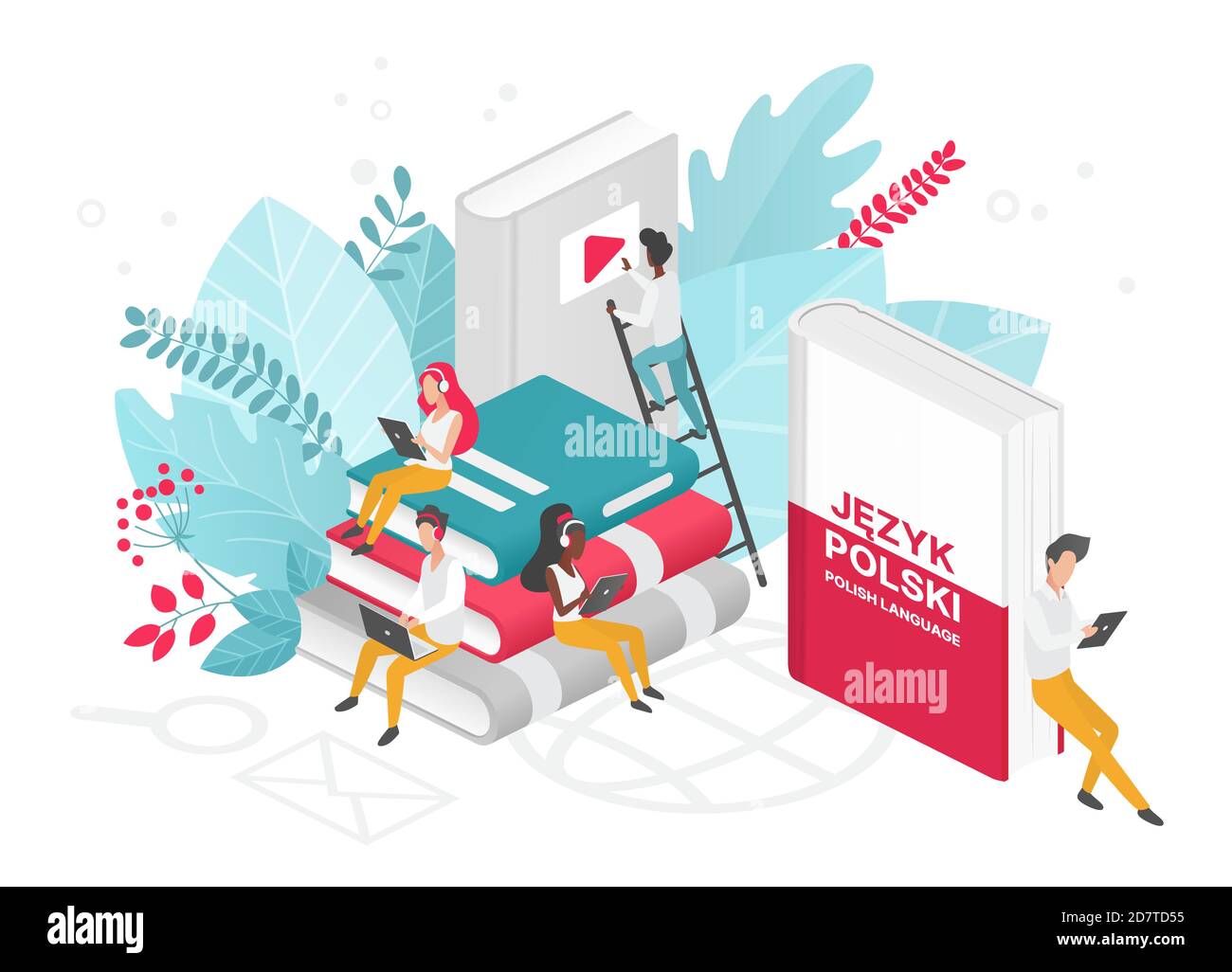 Menschen lernen polnische Sprachen isometrische 3d Vektor Illustration. Polen Fernunterricht, Online-Lernkurse Konzept. Studenten lesen Bücher Zeichentrickfiguren. Fremdsprachen unterrichten Stock Vektor