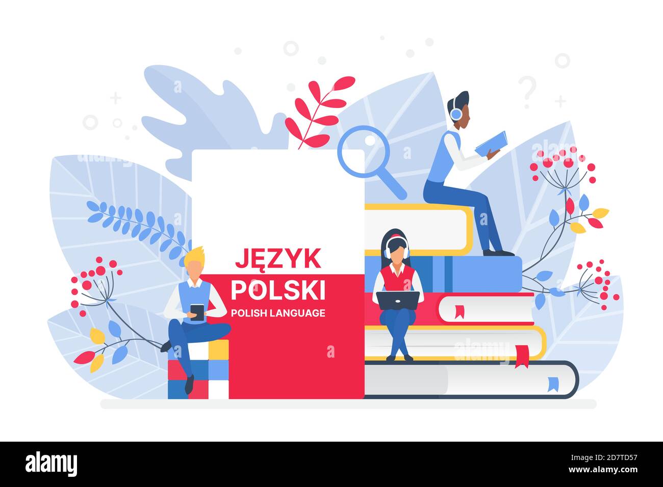 Menschen lernen polnische Sprache Vektor Illustration. Polen Fernunterricht, Online-Lernkurse Konzept. Studenten lesen Bücher Zeichentrickfiguren. Fremdsprachen unterrichten Stock Vektor
