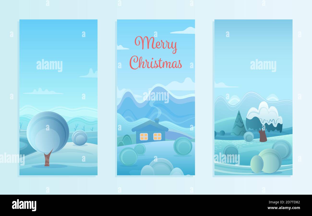 Weihnachten Natur Landschaft Vektor Illustration Set. Cartoon flache Frost Landschaft für Wintersaison, Weihnachten und Neujahr mit Dorfhäusern unter Schnee auf verschneiten Hügeln, Schneebälle Hintergrund Stock Vektor