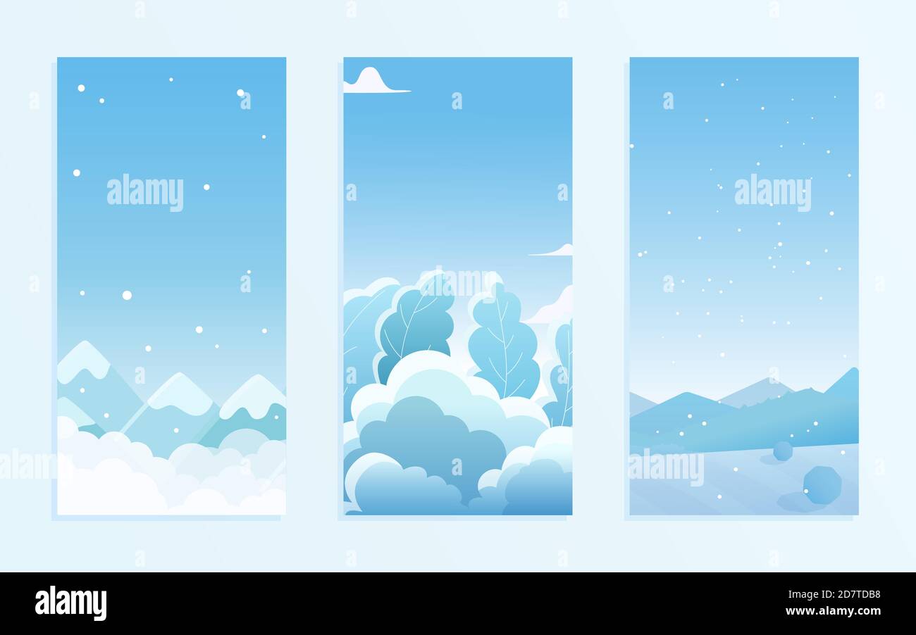 Weihnachten Natur Winter Landschaft unter Schnee Vektor Illustration Set. Cartoon flache einfache Frost Eis landet mit verschneiten Hügeln und Bergen, blauen eisigen Wald, Schneefall in Weihnachtsferien Kollektion Stock Vektor