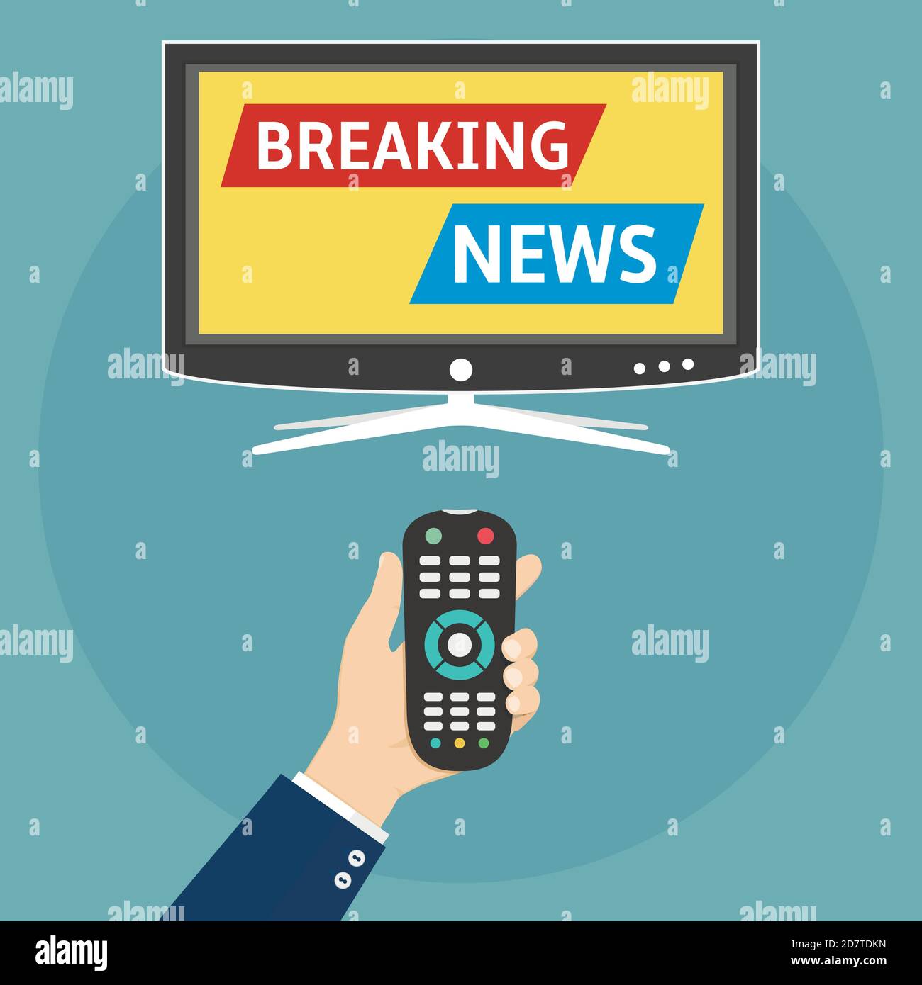 Breaking News flaches Design-Konzept. Menschen halten Fernbedienung und sehen Smart tv mit aktuellen Nachrichten. Stock Vektor