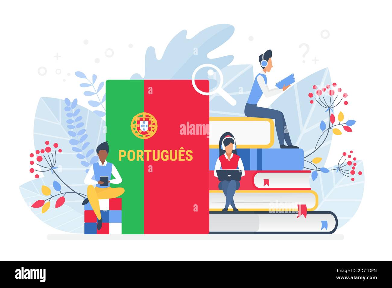 Menschen lernen Portugiesisch Sprache Vektor Illustration. Portugal Fernunterricht, Online-Lernkurse Konzept. Studenten lesen Bücher Zeichentrickfiguren. Fremdsprachen unterrichten Stock Vektor