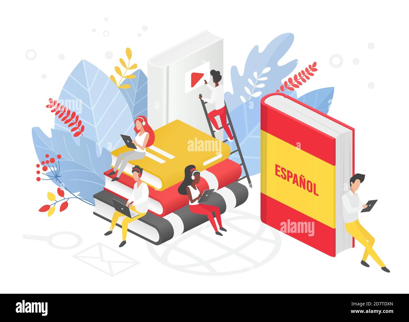 Online Spanisch Sprachkurse isometrische 3d Vektor Illustration. Fernunterricht, Fernschule, Universität Spanien. Schüler lesen Bücher Internet-Klasse, e lernen Sprachschule isoliert Stock Vektor