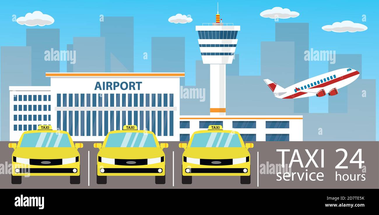 Gelbe Autos - Taxi-Service, Flughafengebäude Stock Vektor