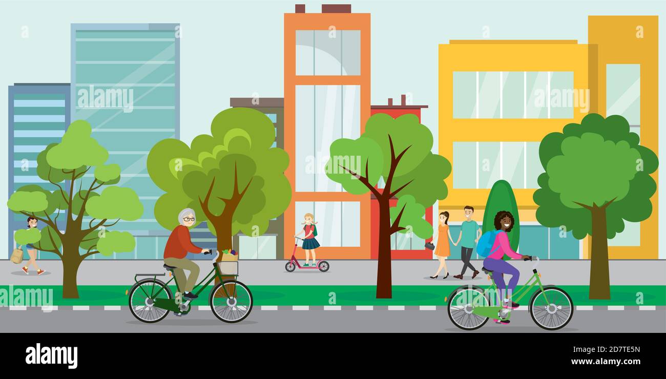 Fahrradfahrer auf der Stadtstraße, eco urban life Konzept, Stock Vektor
