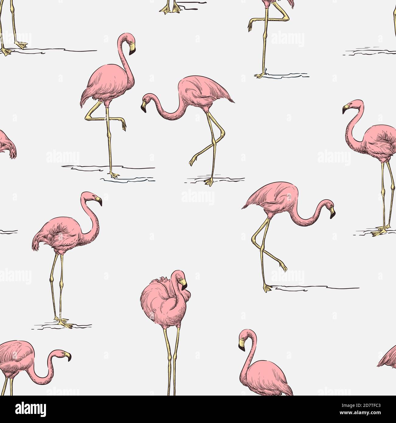 Tropisches Nahtmuster. Rosa Flamingo auf weißem Hintergrund. Vektorfarbe handgezeichnete Skizze Illustration. Sommerliches Stoffdesign, Geschenkpapier, Trend Stock Vektor