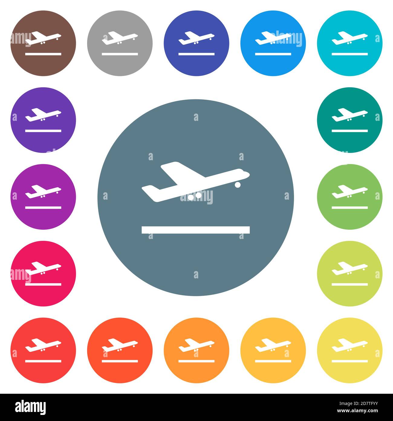 Flugzeug abheben flache weiße Symbole auf runden Farbhintergründen. 17 Hintergrundfarbvarianten sind enthalten. Stock Vektor