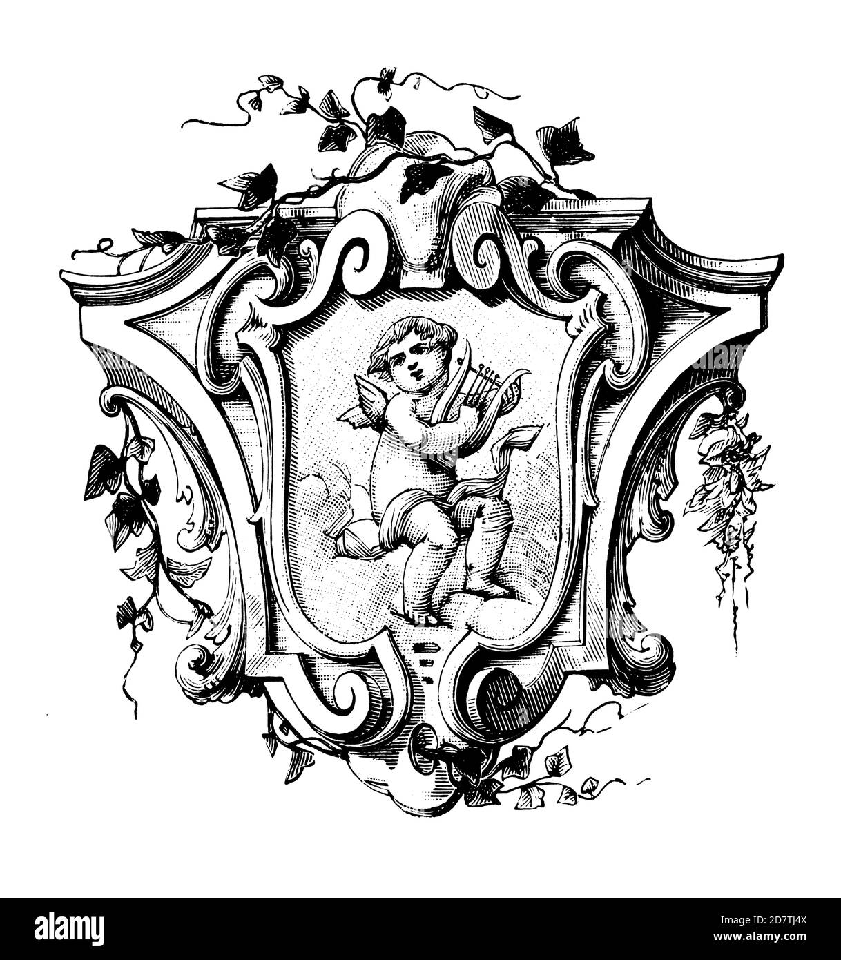 Antike Illustration eines Cherub-Dekors aus dem 19. Jahrhundert (isoliert auf Weiß). Veröffentlicht in Examples des divers caracteres et vignettes typographiques Stockfoto