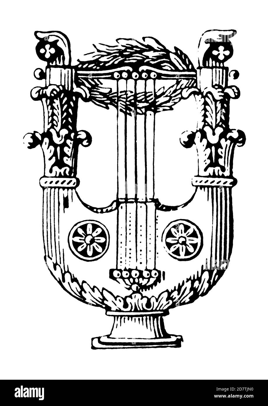 Vintage-Gravur einer Leier (isoliert auf weiß). Veröffentlicht in Examples des divers caracteres et vignettes typographiques de la fonderie von Laurent de Stockfoto