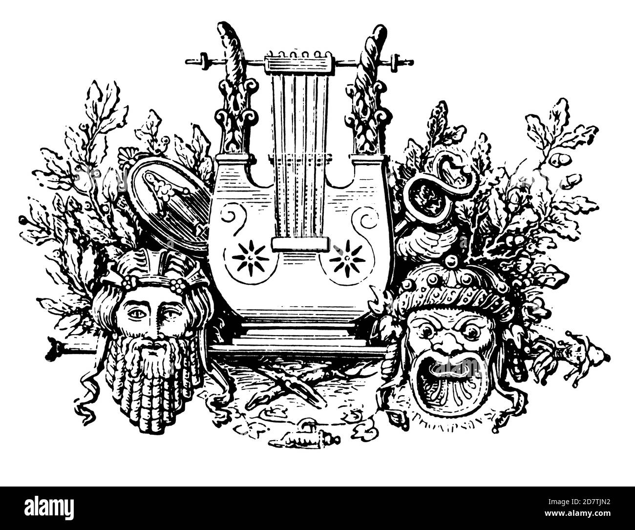 Klassische Gravur einer Leier (isoliert auf weiß). Veröffentlicht in Examples des divers caracteres et vignettes typographiques de la fonderie von Laurent de Stockfoto