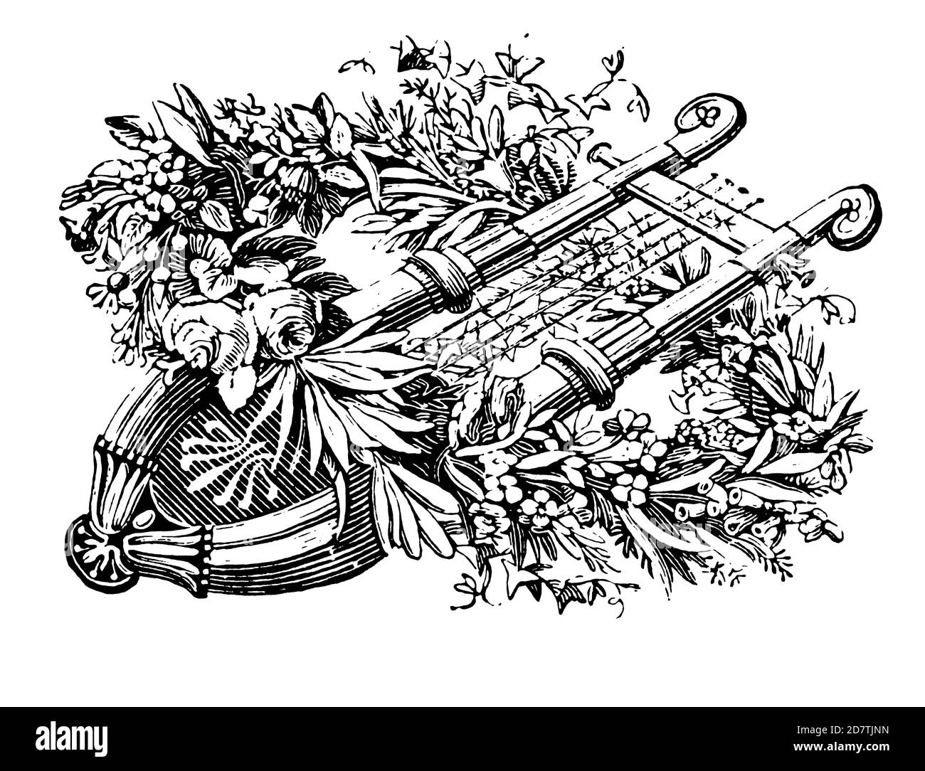 Antike Illustration einer Leier (isoliert auf weiß). Veröffentlicht in Examples des divers caracteres et vignettes typographiques de la fonderie von Laurent Stockfoto