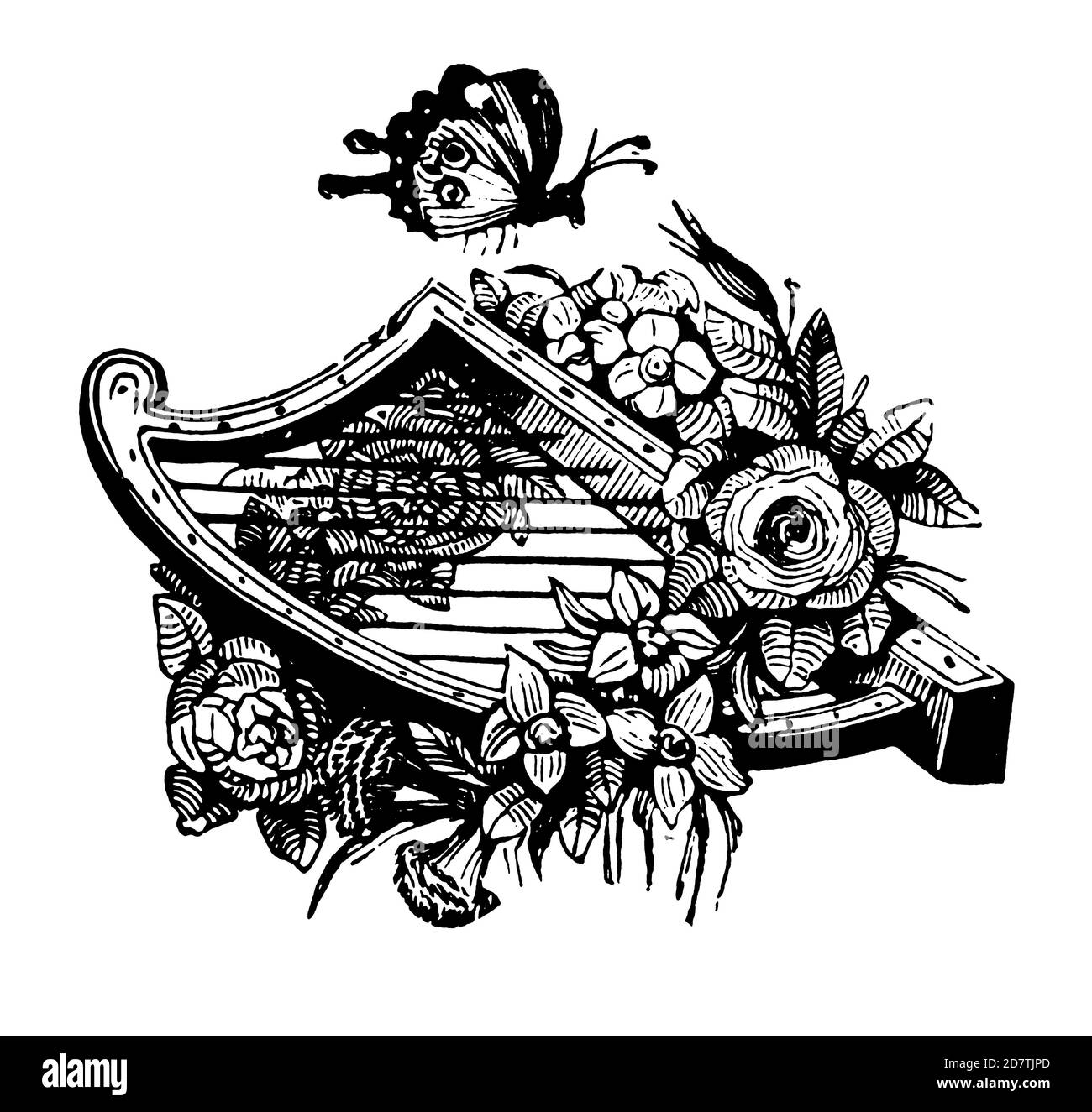 Illustration einer Leier aus dem 19. Jahrhundert (isoliert auf Weiß). Veröffentlicht in Examples des divers caracteres et vignettes typographiques de la fonderie von La Stockfoto
