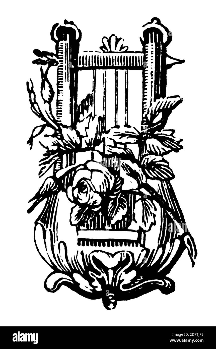 Vintage-Illustration einer Leier (isoliert auf weiß). Veröffentlicht in Examples des divers caracteres et vignettes typographiques de la fonderie von Laurent Stockfoto