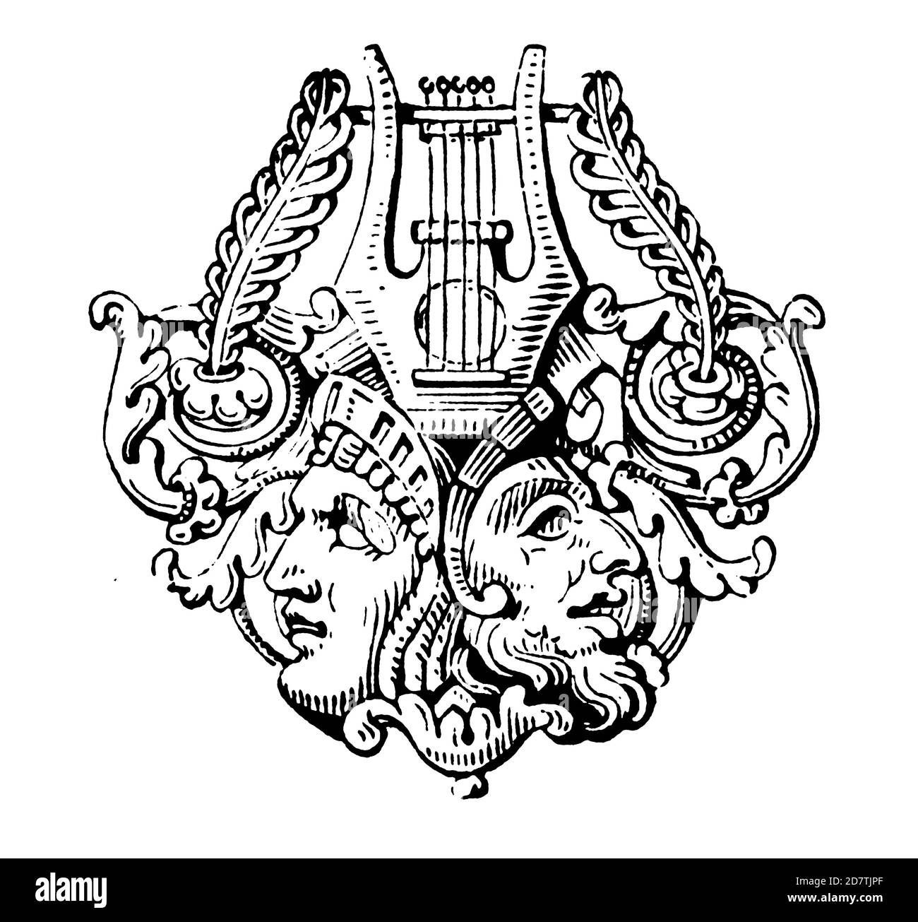 Klassische Darstellung einer Leier (isoliert auf weiß). Veröffentlicht in Examples des divers caracteres et vignettes typographiques de la fonderie von Laurent Stockfoto