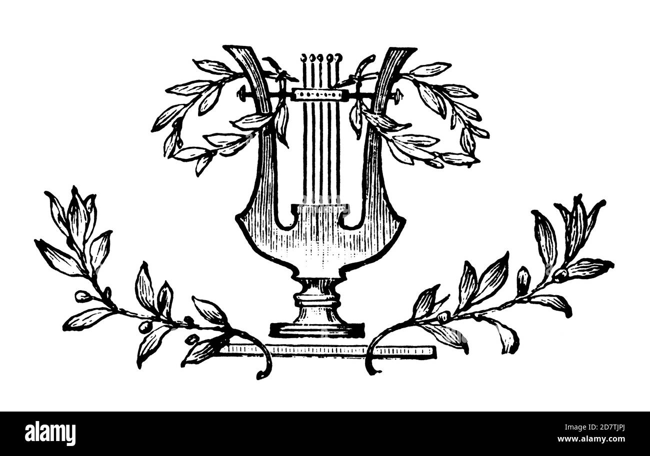 Illustration einer Leier (isoliert auf weiß). Veröffentlicht in Examples des divers caracteres et vignettes typographiques de la fonderie von Laurent de Bern Stockfoto