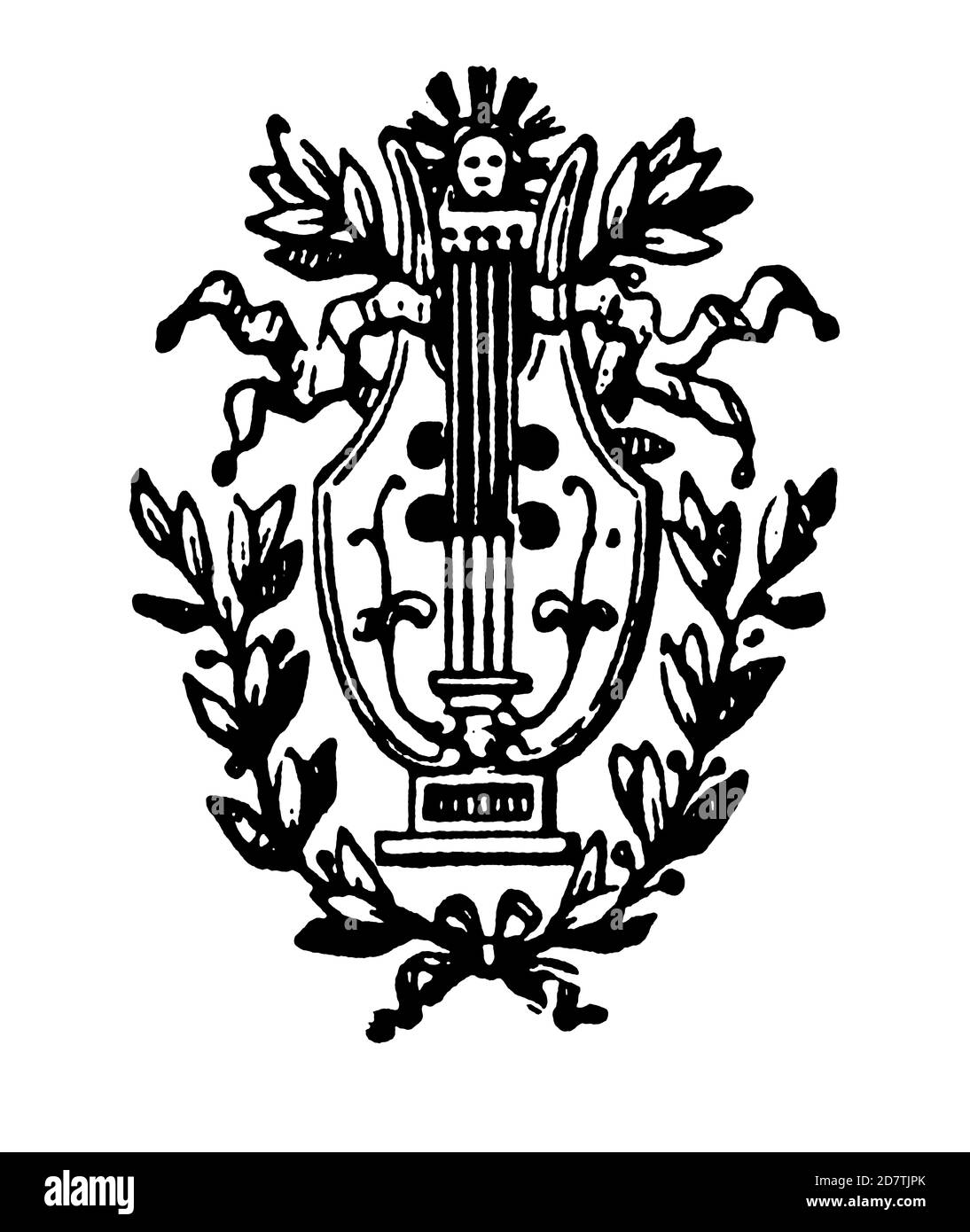 Gravur einer Leier (isoliert auf weiß). Veröffentlicht in Examples des divers caracteres et vignettes typographiques de la fonderie von Laurent de Berny ( Stockfoto