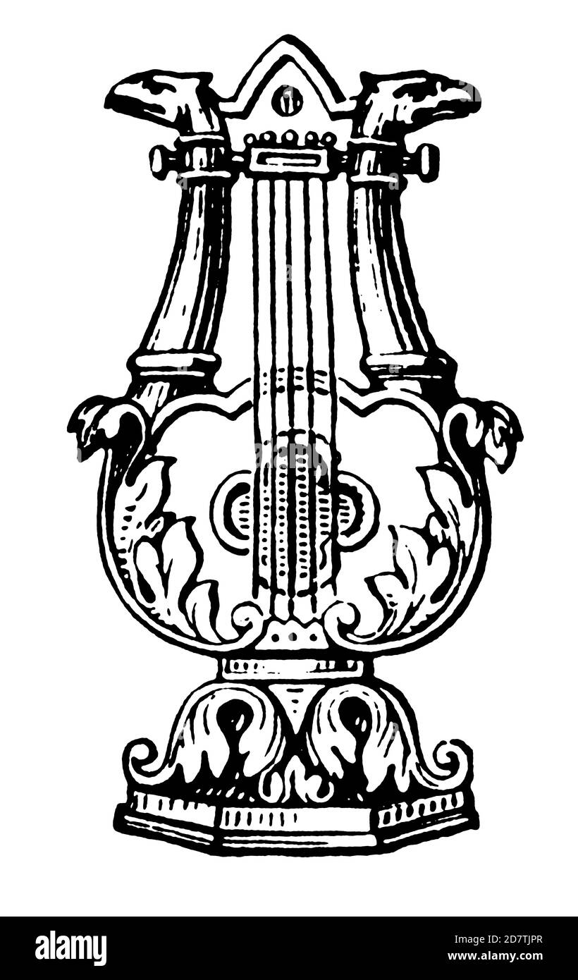 Stich einer Leier aus dem 19. Jahrhundert (isoliert auf Weiß). Veröffentlicht in Examples des divers caracteres et vignettes typographiques de la fonderie von Laure Stockfoto