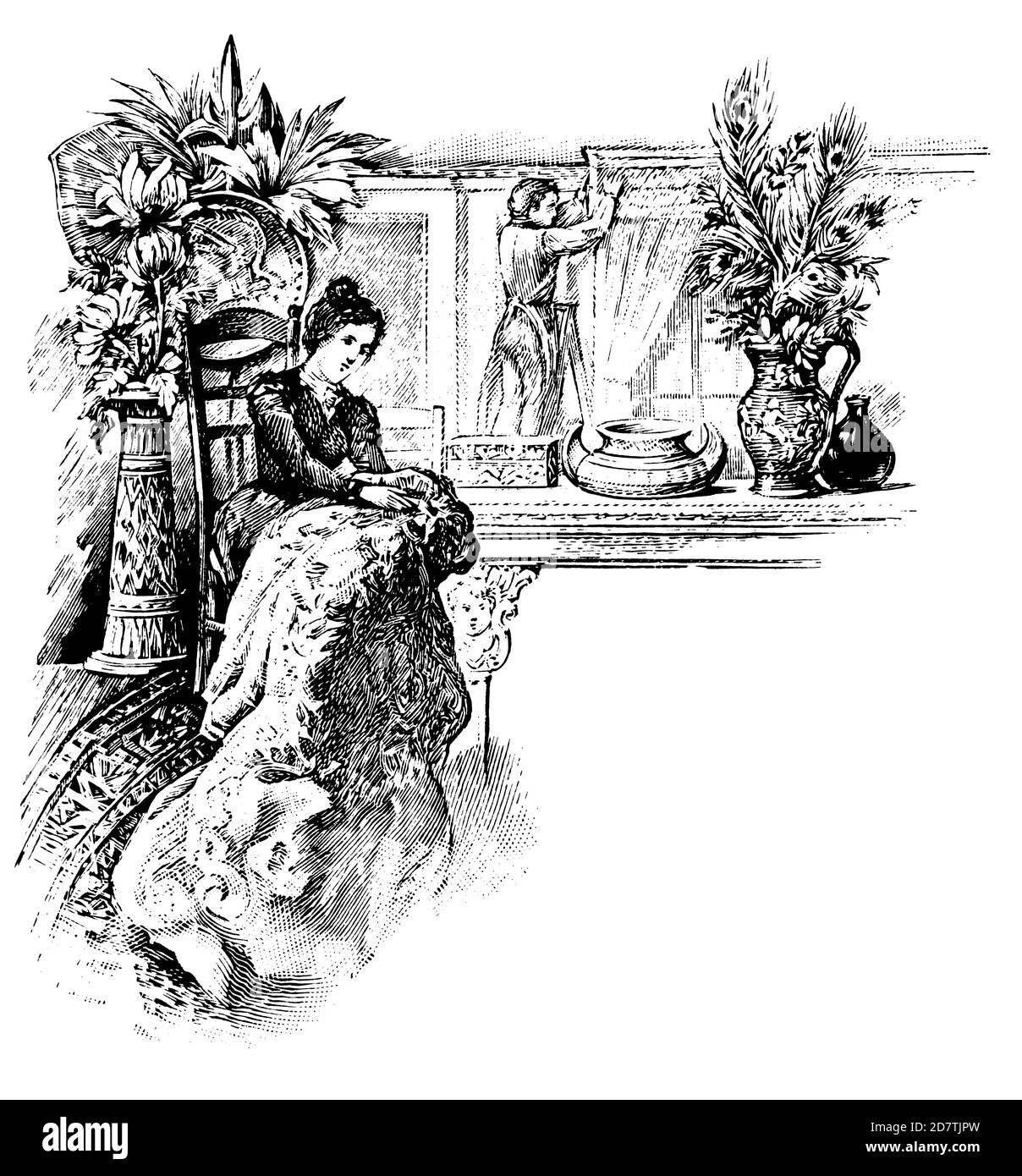 Frau beim Nähen, Radierung von 1878: eine sitzende Näherin neben einer anderen Frau, die ein hängendes Stoffpaneel pflegt. Laurent & de Berny Exemplar, Paris. Stockfoto