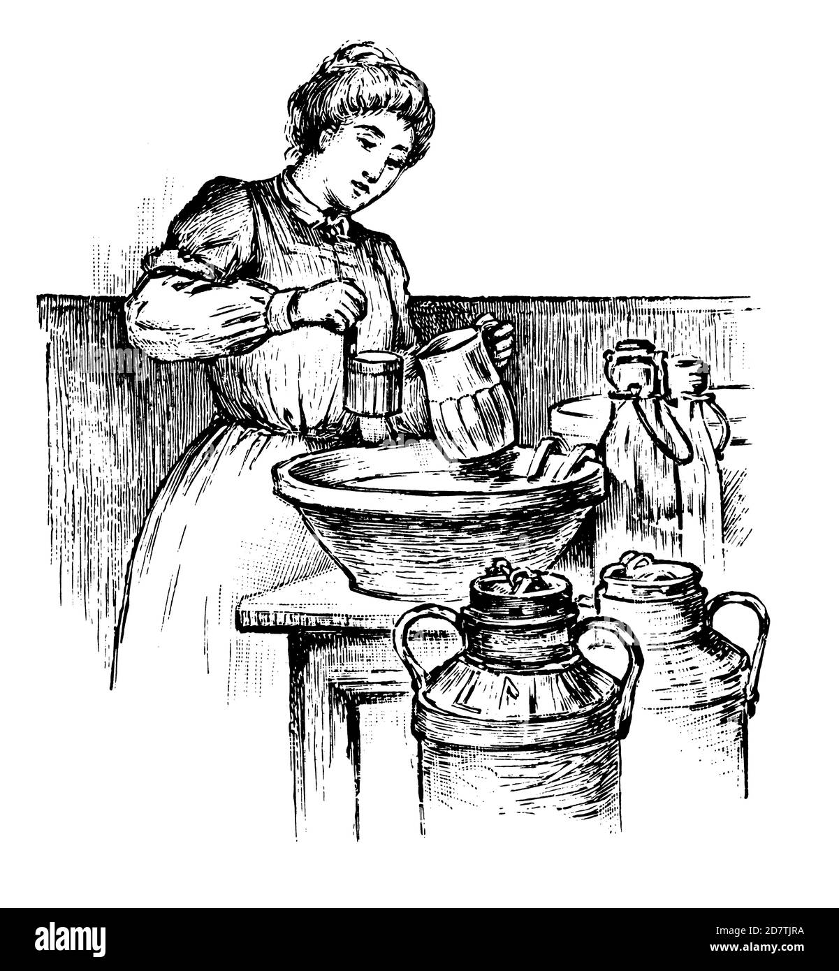 Antike Gravur eines Milchhändlers aus dem 19. Jahrhundert (isoliert auf Weiß). Veröffentlicht in Examples des divers caracteres et vignettes typographiques de la fo Stockfoto