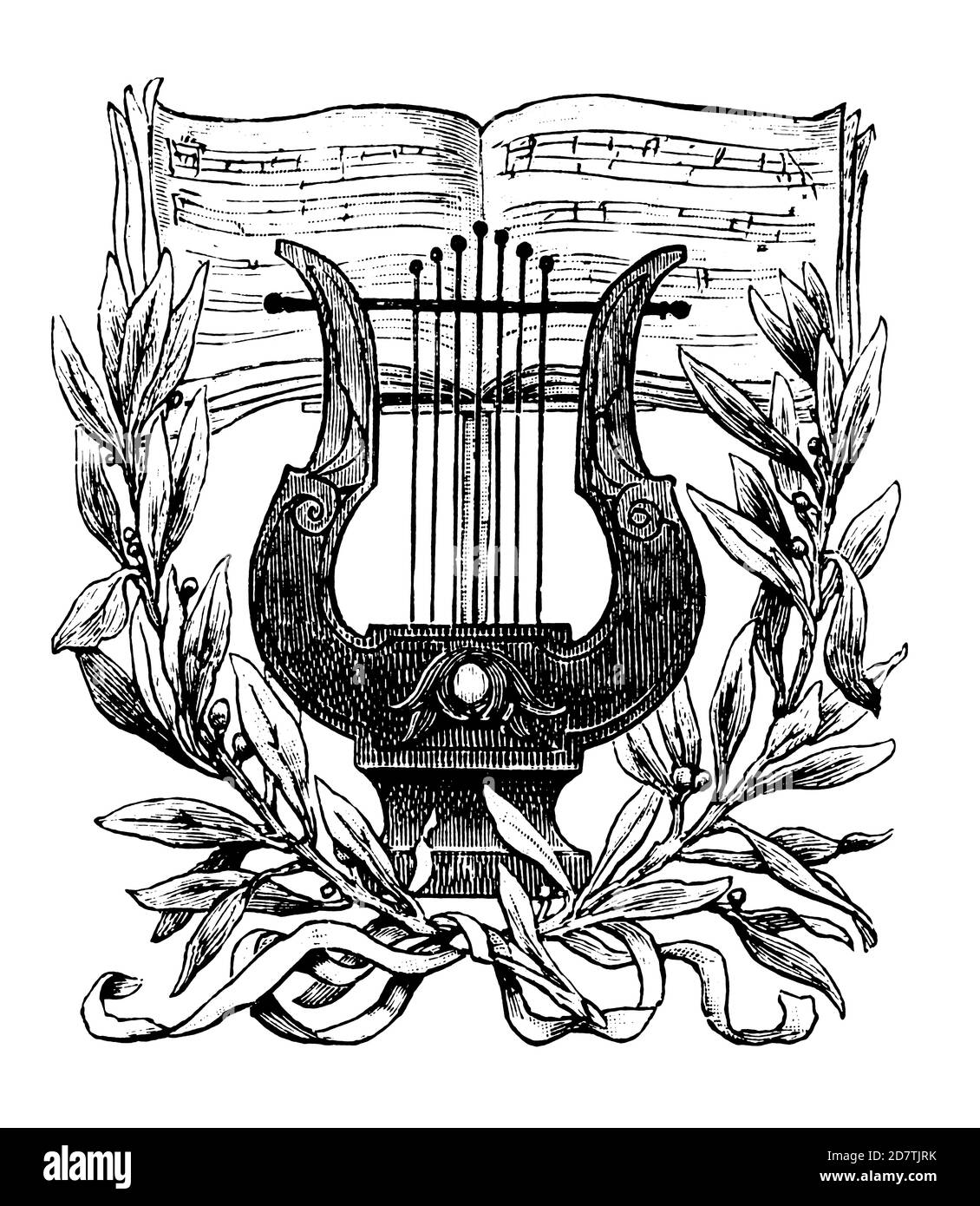 Vintage-Illustration einer Musikdekoration (isoliert auf Weiß). Veröffentlicht in Examples des divers caracteres et vignettes typographiques de la fonderi Stockfoto